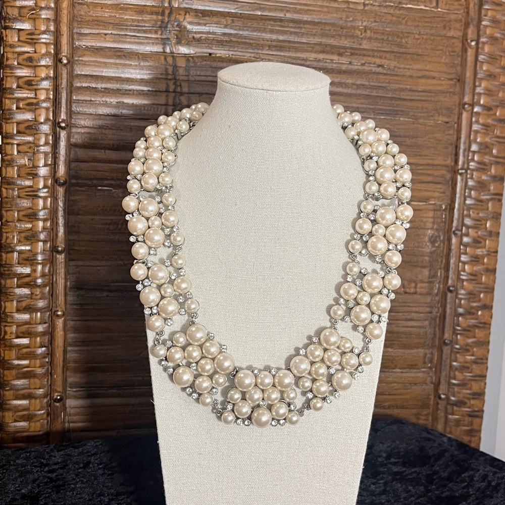J. Crew Silver Tone Clear Rhinestone Crystal Faux Pearl Cluster Bib Necklace